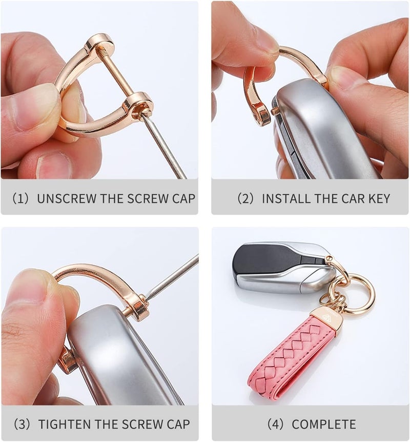 Hamdecro Store Genuine Leather Keychains, Handmade Knit Sheepskin Car Key chain for Women, Universal Key Fob Holder with 360 Degree Rotatable, Anti-Lost D-Ring, 2 Keyrings and 1 Screwdriver – Pink - Image 4